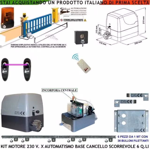 Kit Automazione Cancello Scorrevole da 6 Q.li Motore 230 V Con Centrale Radiocomando Faro Fotocellula Selettore 6 Metri di Cremagliera in Nylon Fine Corsa Accessori Fissaggio Condensatore Pignone Z12