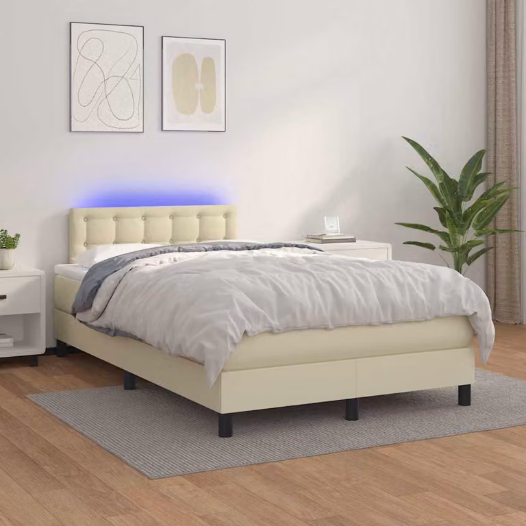 Letto con giroletto a molle, materasso ibrido e illuminazione LED vidaXL, color beige, L/P/H: 120 x 200 cm