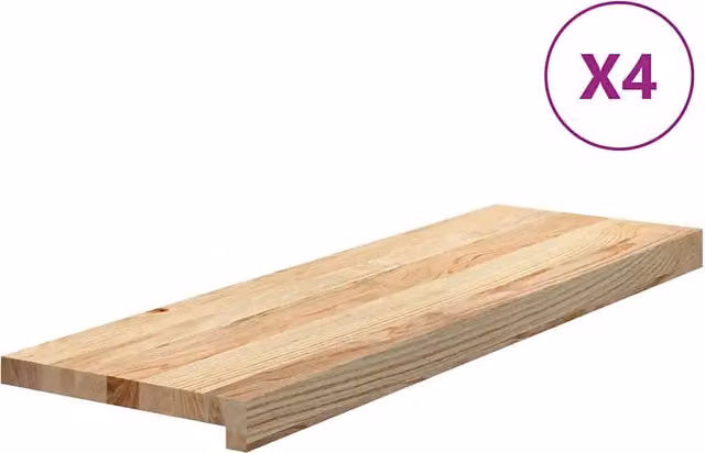 Set di 4 tappetini autoadesivi per scale in rovere massello non trattato, colore marrone, L: 80 cm, P: 25 cm, H: 2 cm – 1