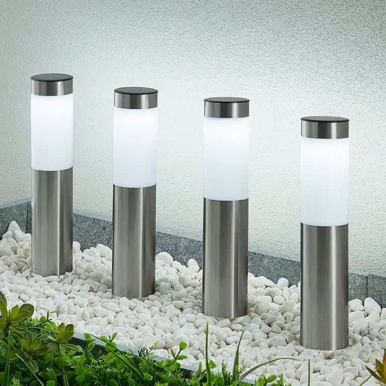 Lindby lampioncino LED solare, set da 4, picchetto, 31 cm, IP44 Sirita, Alluminio / Grigio / Zincato, Acciaio Inox, Moderno, Lampade solari