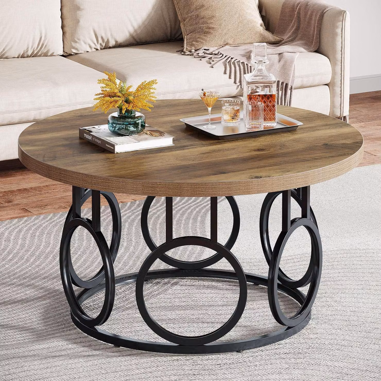 Tavolino rotondo con struttura in legno effetto nero, diametro 80 cm
