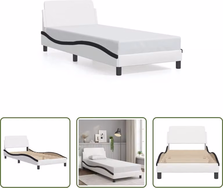 The Living Store Struttura letto con testiera bianca e nera 90x190 cm in ecopelle