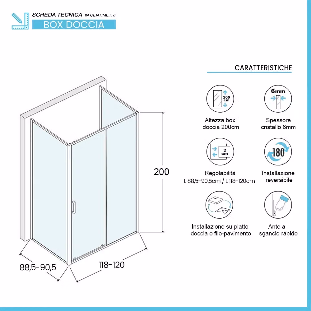 Box doccia d'angolo rettangolare Ted con porta scorrevole in vetro trasparente serigrafato L: 120 cm, P: 90 cm, H: 200 cm – 2