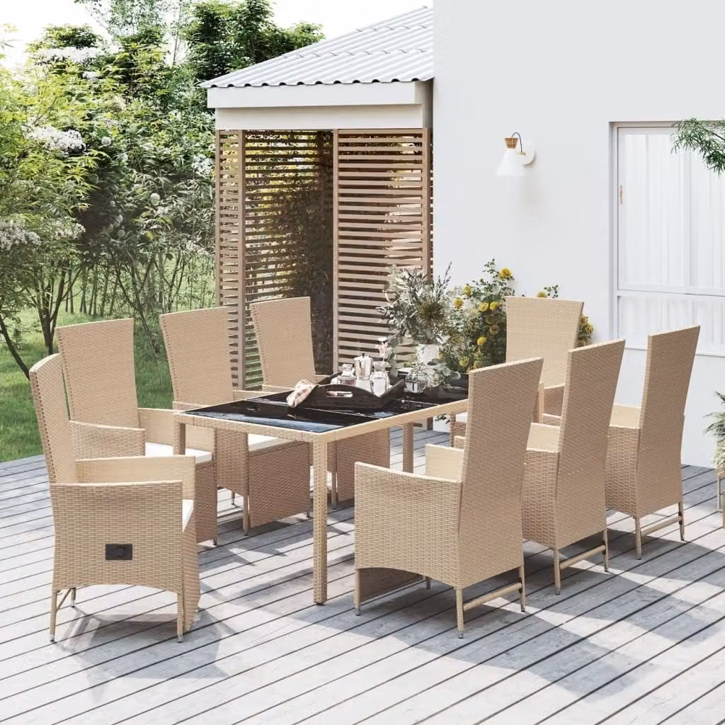 The Living Store Set da pranzo da giardino 9 pezzi con cuscini Beige poly rattan