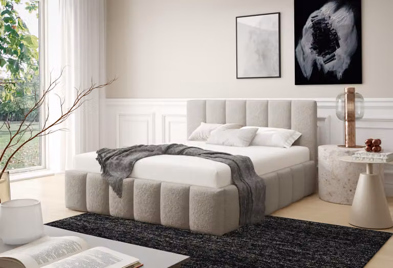 LETTO IMBOTTITO LINO con contenitore | Letto 160x200 | Letto matrimoniale con contenitore e rete a doghe | Stile boxspring | Senza materasso | Colore beige per camera da letto