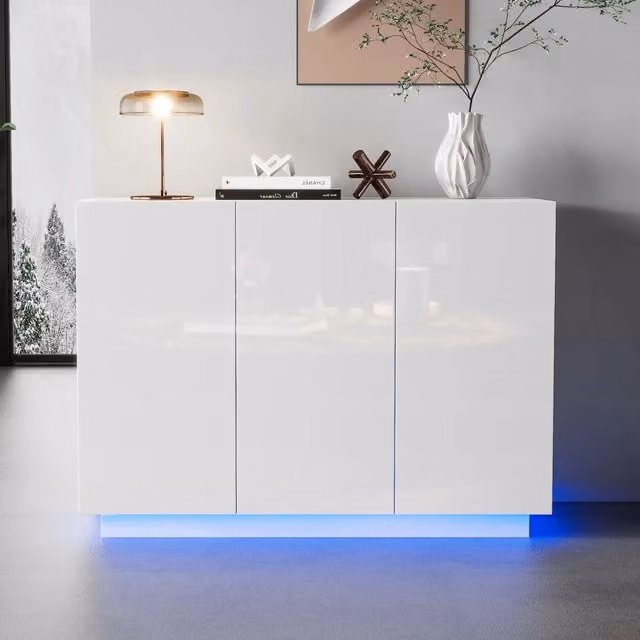 Mobile buffet moderno bianco lucido con LED, credenza in MDF con 3 ante e ripiani regolabili, L 120 cm x P 40 cm x H 75 cm