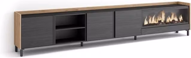 Mobile TV Soggiorno, 315x61x35 cm, Per TV fino a 80", Camino elettrico XXL, Design industriale, Nero e rovere