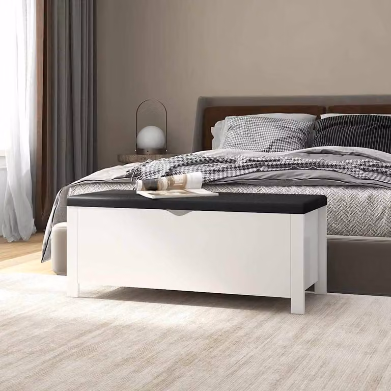 vidaXL Contenitore con Cuscino Bianco in Legno e Tessuto L: 105 cm, P: 40 cm, H: 45 cm