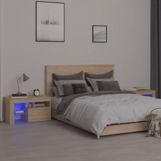 Set di 2 comodini moderni vidaXL con luci LED integrate in legno color rovere, L: 70 cm, P: 36,5 cm, H: 40 cm