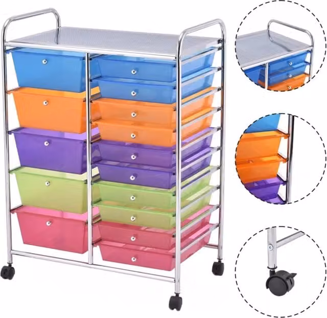 Carrello portaoggetti su ruote 63 x 37 x 87 cm con 15 cassetti estraibili moderno versatile in metallo cromato multicolore 20_0020112
