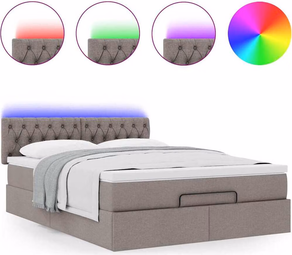 Pouf Letto con Materasso e LED Tortora 140x200 cm in Tessuto