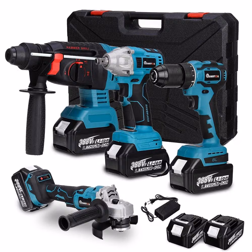 Set di utensili elettrici a batteria 4-in-1: avvitatore a impulsi da 800 Nm, martello perforatore, trapano da 13 mm, smerigliatrice angolare da 125 mm. Motore brushless. Include 2 batterie
