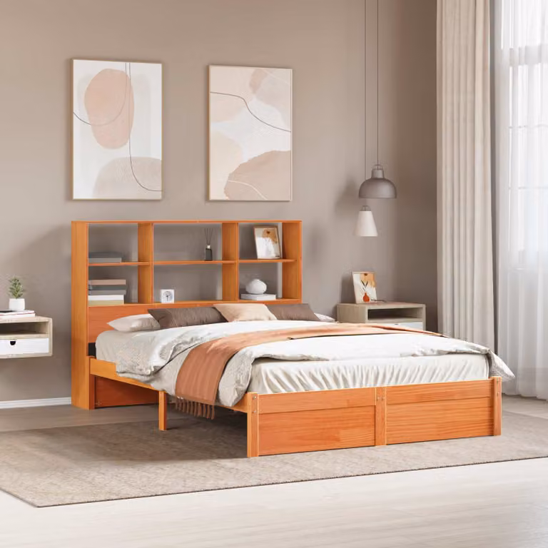 Struttura letto con testiera contenitore moderna vidaXL in legno di pino marrone cera L/P/H: 228.5 x 150 x 200 cm