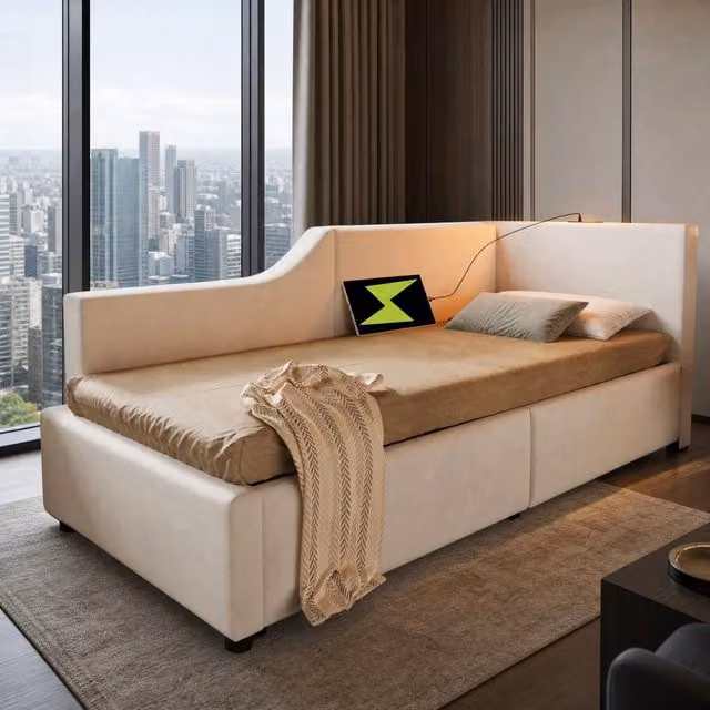 Letto Poltrona 90x200 cm con Contenitore Idraulico, Tessuto Velluto Beige, Lampada da Lettura e Ricarica USB-C