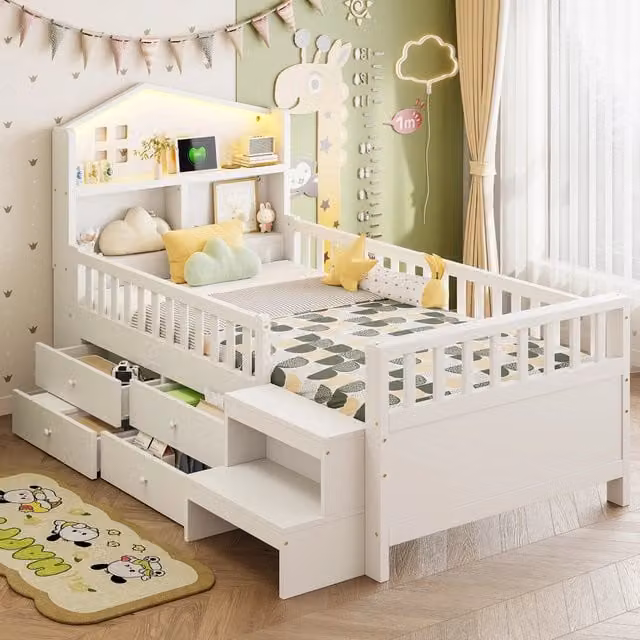 Letto per bambini 90 × 200 cm con 4 cassetti, LED, porte USB e tipo C, senza materasso, in legno bianco
