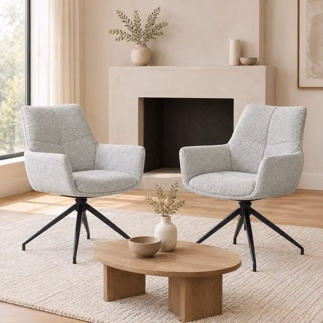 Set di 2 Sedie Girevoli a 360° in Tessuto Grigio Chiaro con Struttura in Metallo Nero per Sala da Pranzo