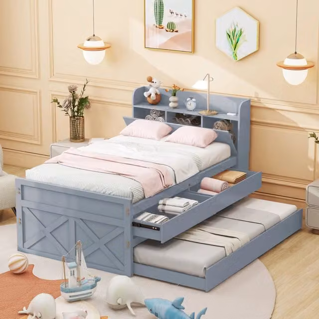 Letto singolo con letto estraibile 90 × 190 cm in legno grigio con 2 cassetti comodino USB e rete a doghe