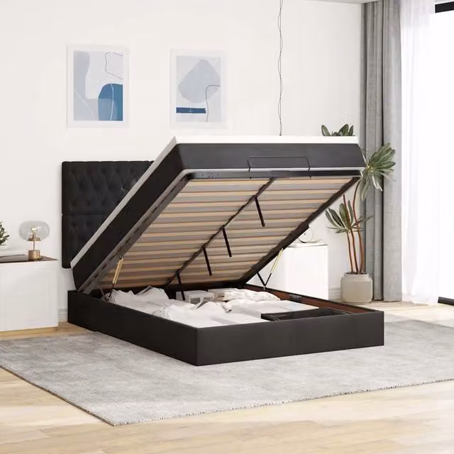 Struttura Letto Pouf con Materassi Nero 140x200 cm in Velluto 3314398
