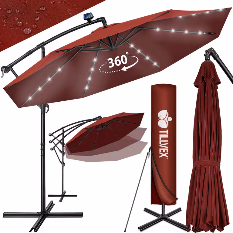 tillvex ombrellone a sbalzo in alluminio rosso LED solare Ø 350 cm con manovella | ombrellone con interruttore on/off | ombrellone da giardino protezione UV alluminio | ombrellone a manovella con supporto ombrellone da mercato impermeabile