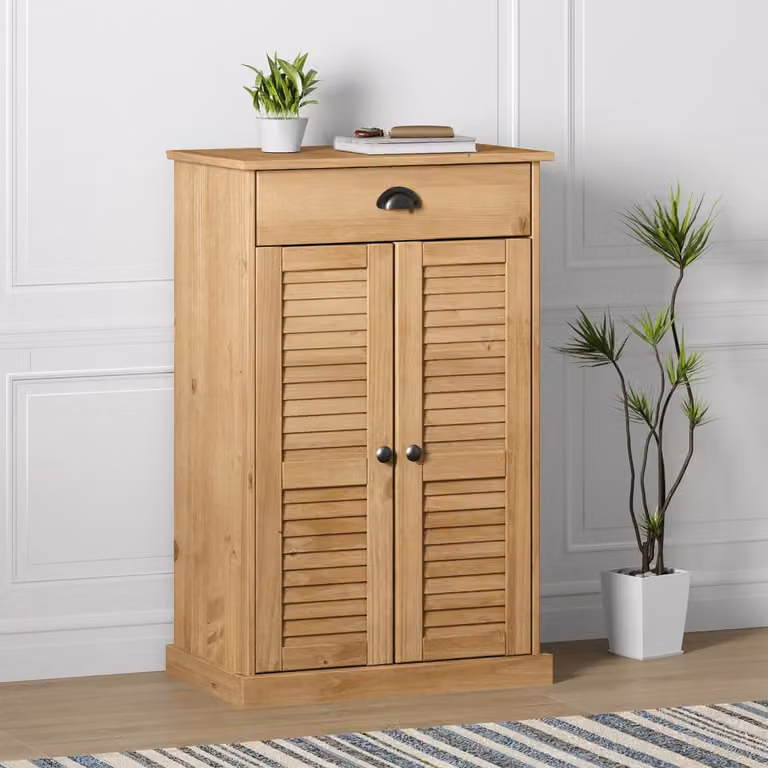 Scarpiera vidaXL VIGO in legno di pino marrone con ante a cerniera e ripiani interni, L: 60 cm, P: 35 cm, H: 96 cm