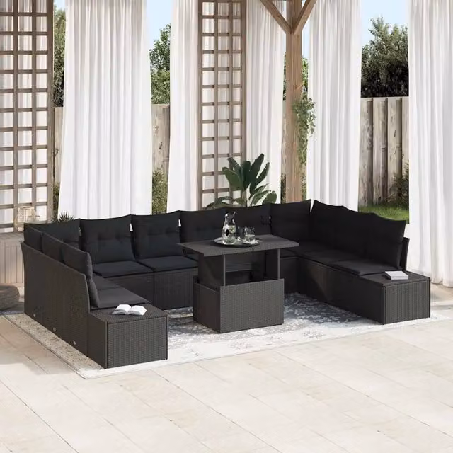 Set Divano da Giardino vidaXL a forma a U in Polyrattan Nero con 11 Pezzi e Tavolino da Caffè – 1