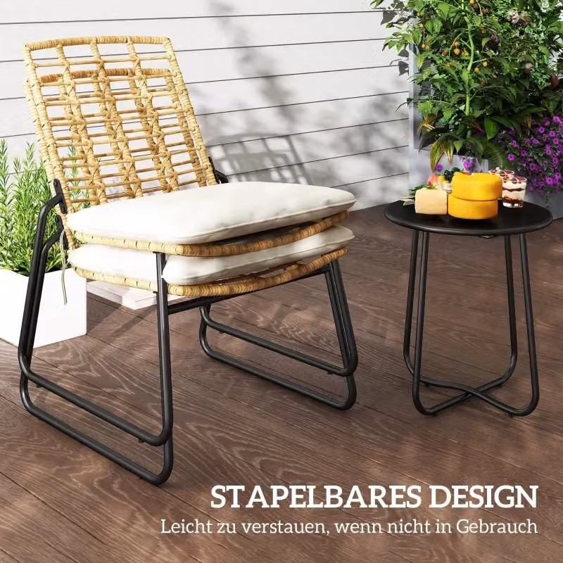 Set da giardino OKWISH in tre pezzi composto da due sedie impilabili e tavolo rotondo con cuscini beige e struttura in metallo e rattan per balcone o terrazzo – 2