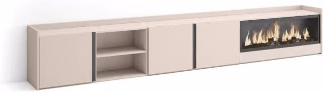Mobile TV Soggiorno, 315x50x35 cm, Per TV fino a 80", Camino elettrico XXL, Beige