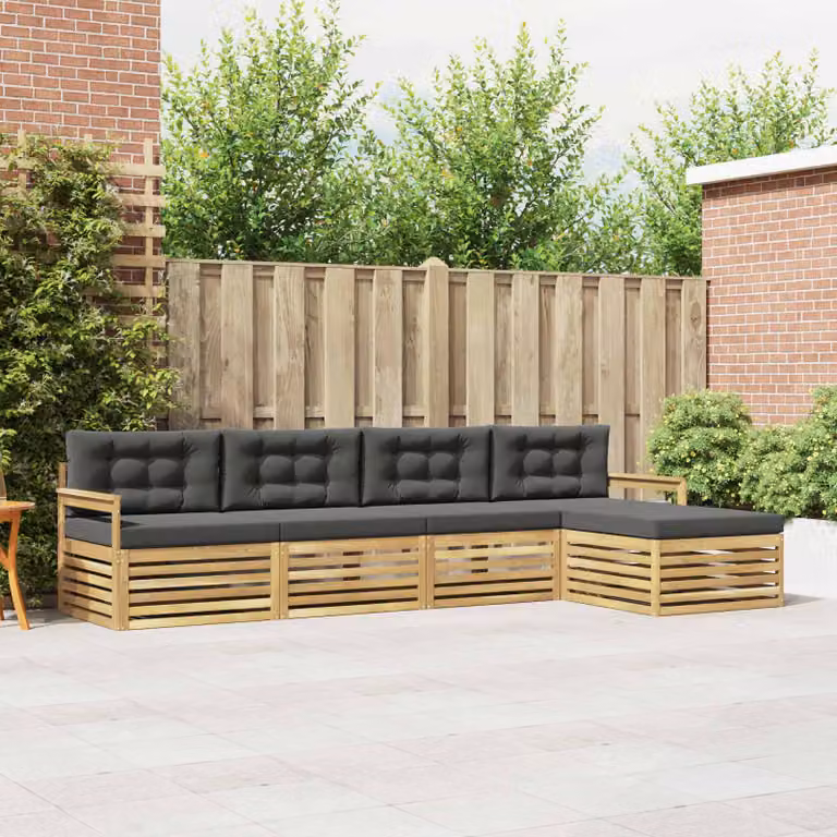 Set di divani da esterno vidaXL a forma di L composto da 5 pezzi con pouf e cuscini, struttura in legno di acacia e tessuto bianco e antracite