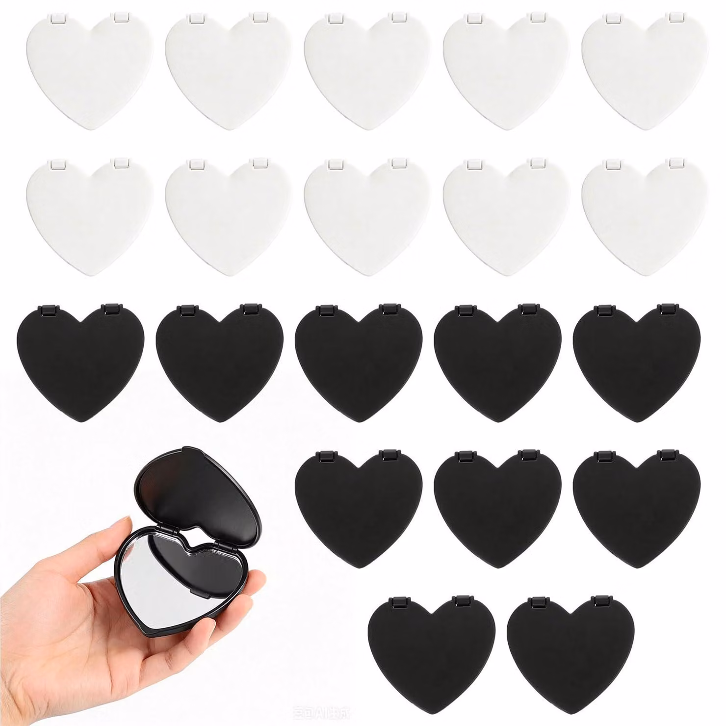 Specchietti compatti a forma di cuore, set da 20, dimensioni 5,6 x 5,1 cm, colore nero e bianco, pieghevoli