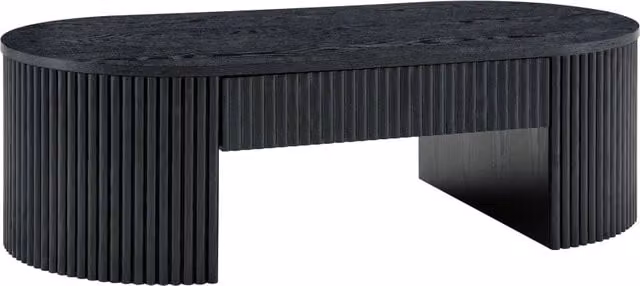Tavolino da caffè ovale nero con rivestimento scanalato e cassetto portaoggetti, struttura in MDF stabile
