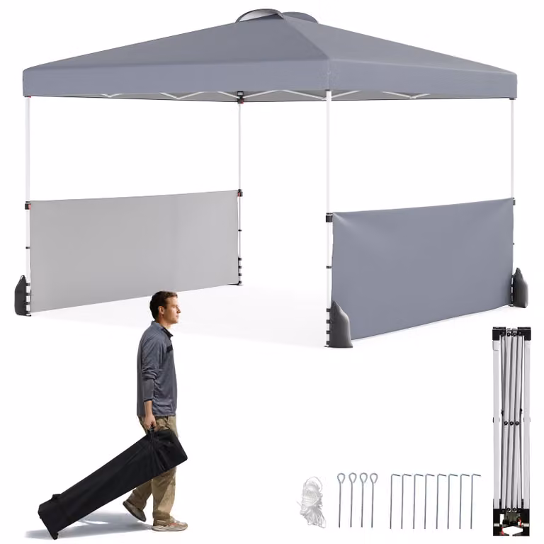 Padiglione pop-up COSTWAY 300 x 300 cm con 2 mezze pareti laterali, borsa per il trasporto con ruote, 8 picchetti, 4 ancore, 4 corde per il vento, 4 sacchi di sabbia