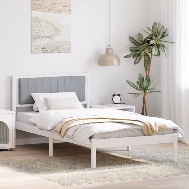 Letto moderno vidaXL con testiera rivestita in tessuto e struttura in legno di pino, Grigio chiaro, L 100 x P 200 cm
