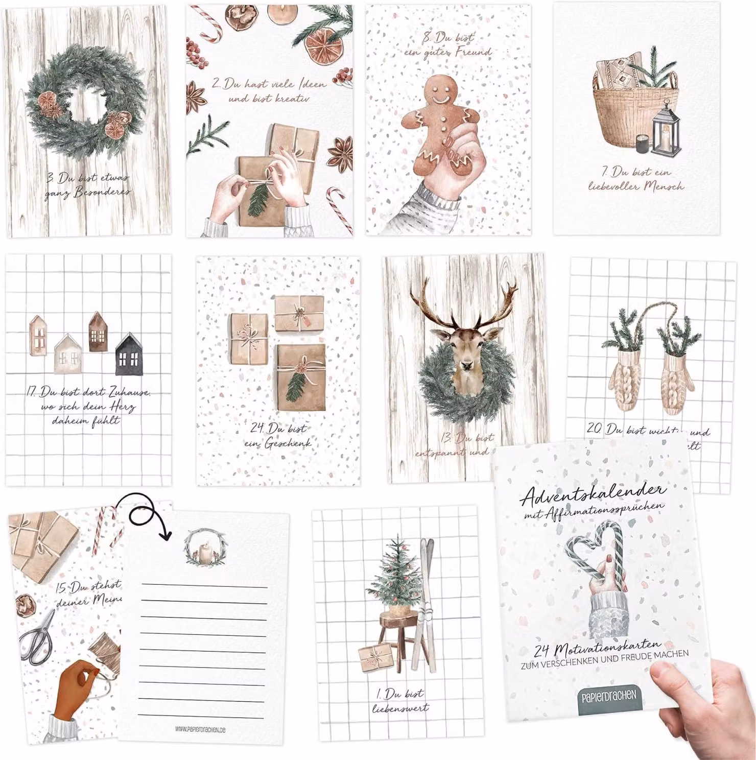 Calendario dell'Avvento 2025 "Papierdrachen" - Mindfulness - 24 cartoline illustrate con amore, da personalizzare e da regalare