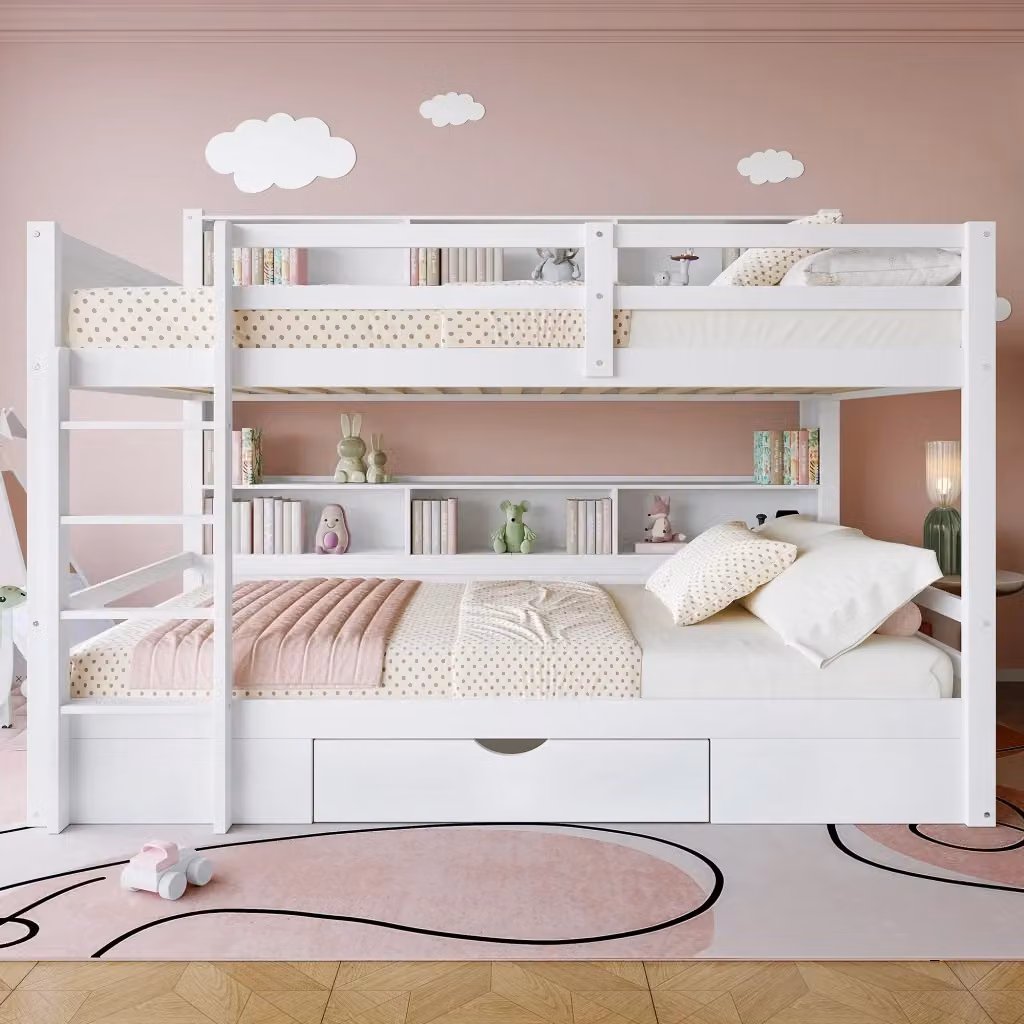 Letto a castello REDOM per bambini in legno di pino bianco con vani portaoggetti e scaffali laterali L/P/H: 90 x 200 cm – 2