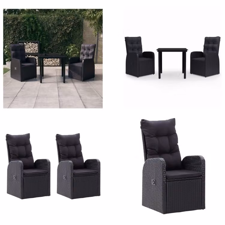 vidaXL Set da pranzo da giardino 3 pezzi con cuscini nero - Set da pranzo da giardino - Set da pranzo da giardino - Set di mobili da giardino - Set di mobili da giardino
