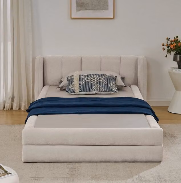 Letto Singolo 90x200cm - Xylo - Testiera in Tessuto Chenille Beige (Senza Materasso)