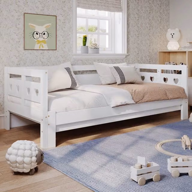 Letto estraibile 90 × 190 cm con secondo letto, struttura a cuore, senza materasso, legno bianco