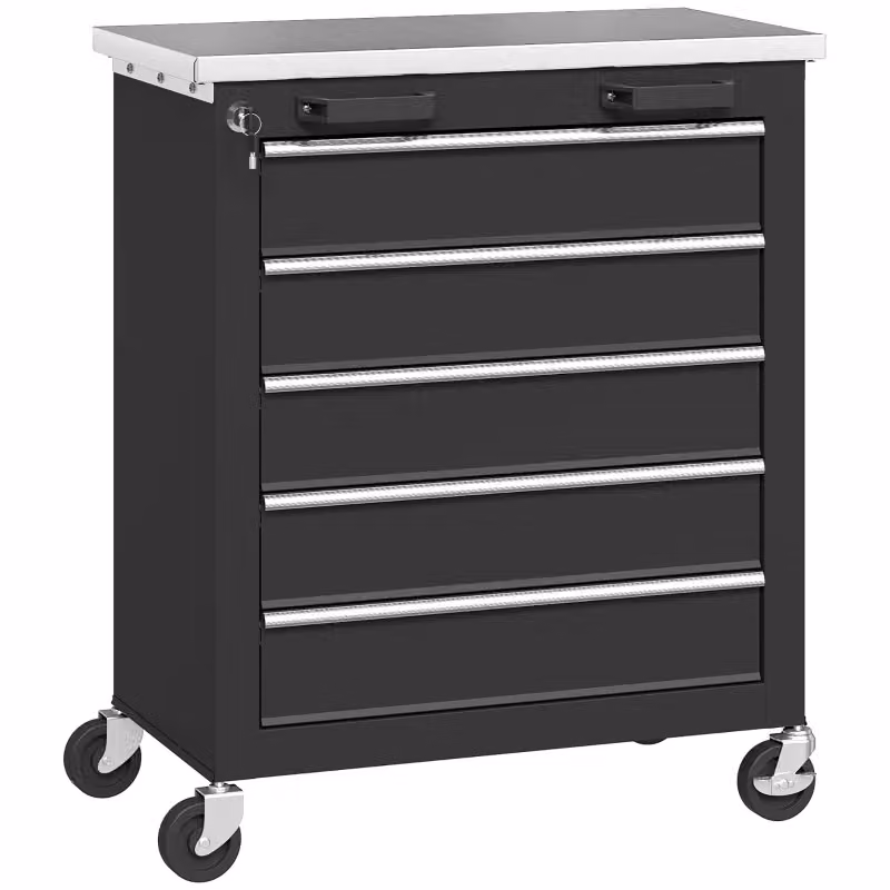 Cassettiera con 5 cassetti in acciaio inox con ruote e blocco centrale con chiave, nero, L: 72,5 cm, P: 41,5 cm, H: 73,5 cm – 2