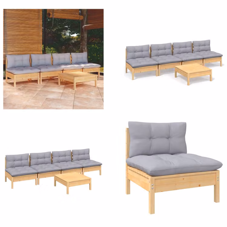 vidaXL set salotto da giardino 5 pezzi con cuscini grigi in legno di pino - Set salotto da giardino - Set salotto da giardino - Set mobili da giardino - Set mobili da giardino