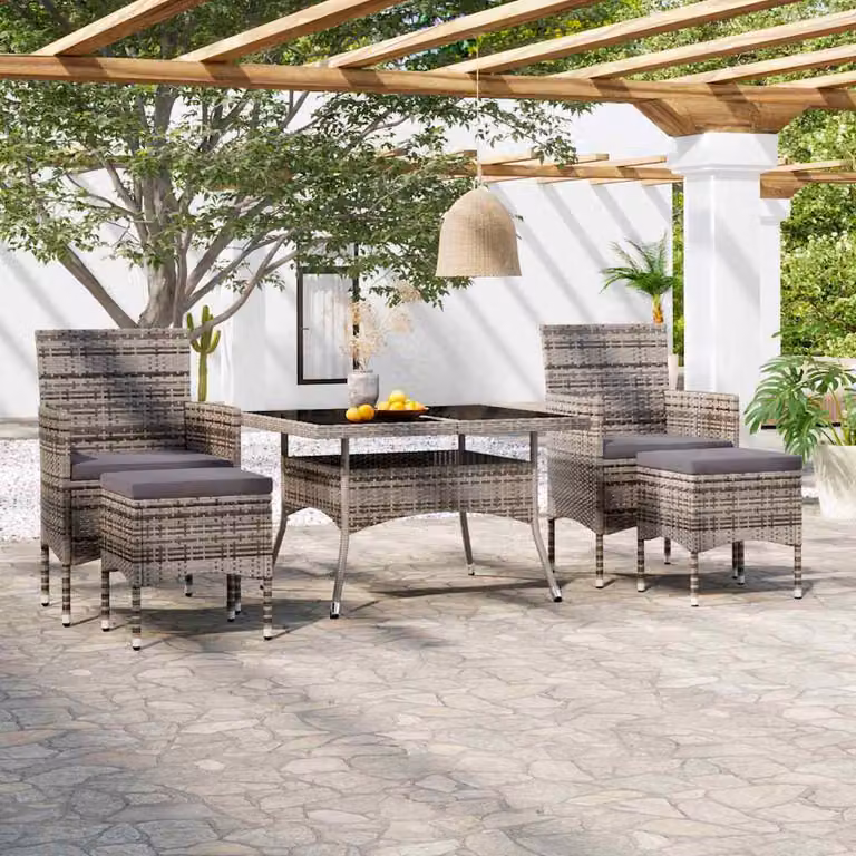 Set Pranzo da Giardino vidaXL in Polyrattan e Vetro Temperato Grigio, 5 Pezzi