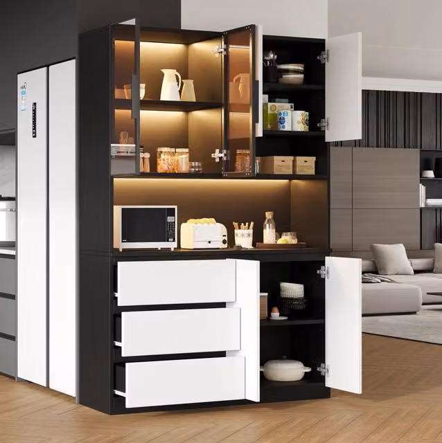 Credenza da cucina 120,5x40x180 cm nera e bianca con LED, 3 cassetti e 6 ante