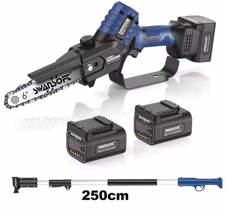 Troncatrice a catena elettrica, motore brushless, lubrificazione automatica, con barra da 250 cm, dotata di due batterie
