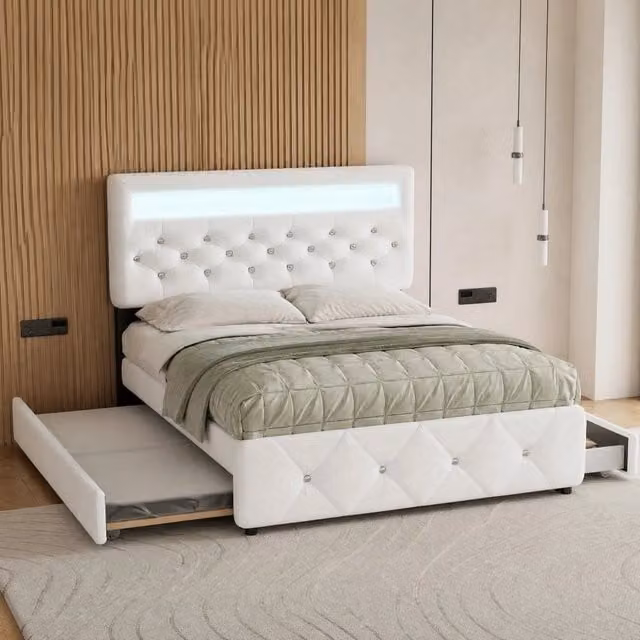 Letto imbottito REDOM bianco con cassetti e illuminazione sottostante L/P/H: 140 x 200 x 115 cm