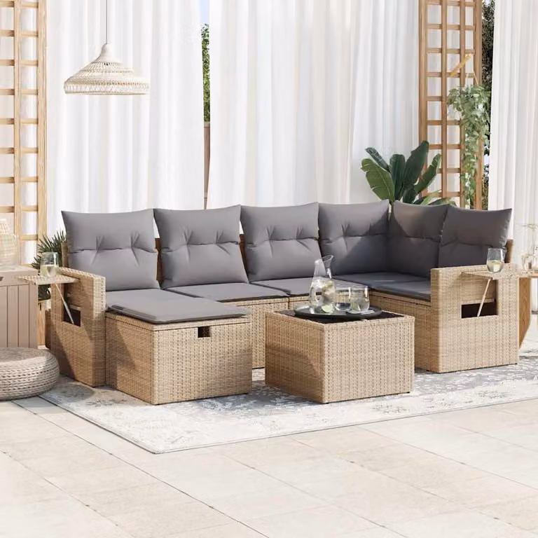 Set da giardino vidaXL in polyrattan 7 pezzi con cuscini beige e struttura in metallo per esterno