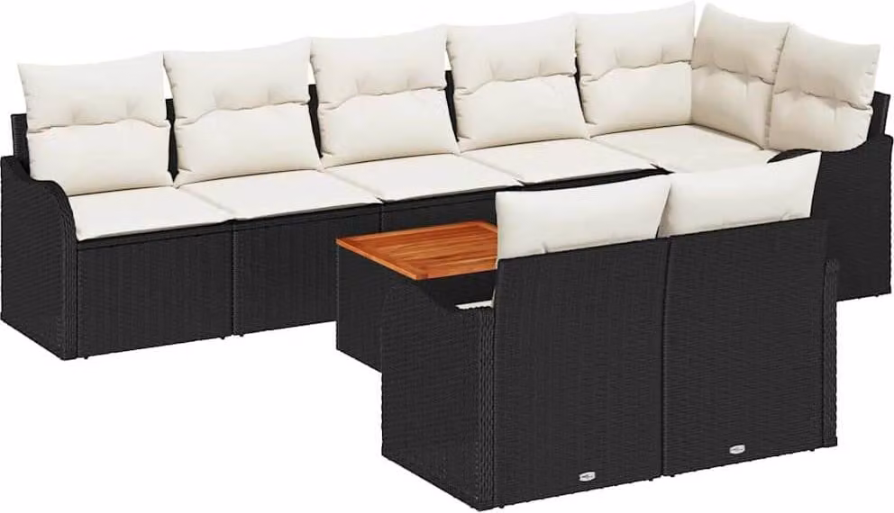 Set Divano da Giardino 9 pcs Nero e Crema polyrattan