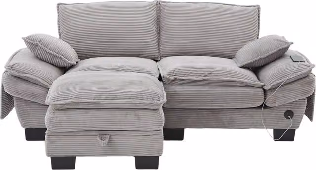 Sofa modulare a 2 posti in tessuto vellutato grigio chiaro con pouf, imbottitura in schiuma ad alta densità, USB-C e tasche laterali