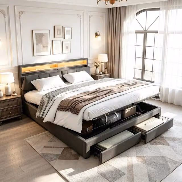 Letto matrimoniale contenitore 180x200 cm con testiera imbottita LED e porta USB struttura letto con cassetti e rete a doghe in lino-grigio