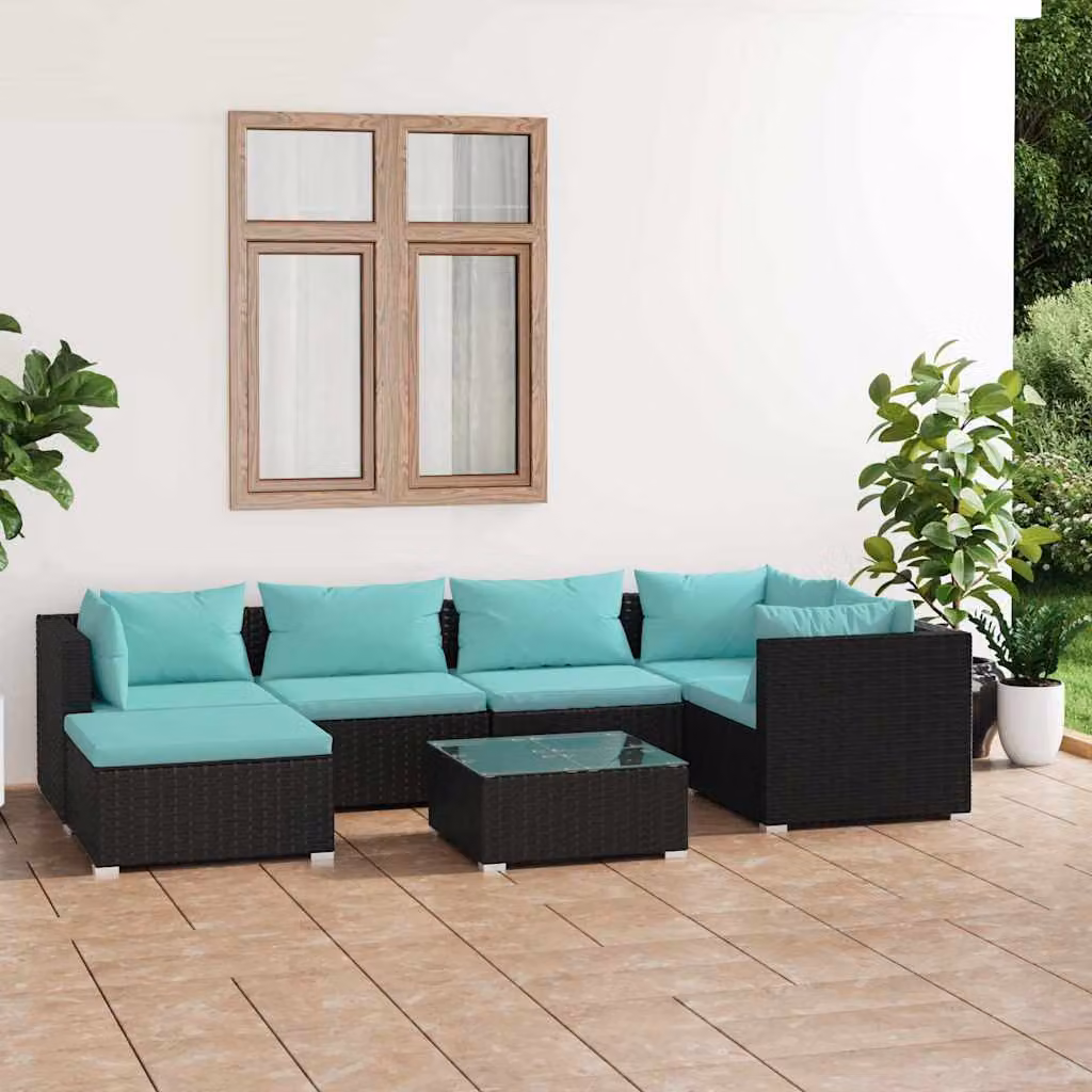 Set Salotto da Giardino vidaXL 7 Pezzi in Polyrattan con Cuscini e Struttura in Acciaio Nero e Blu Turchese