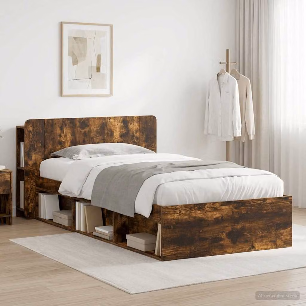 vidaXL Telaio del letto moderno con cassetti in legno Rovere Fumo L/P/H: 190 x 90 x 119,5 cm