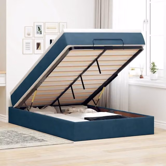 Letto con contenitore a sollevamento e pouf vidaXL in velluto blu scuro e bianco, L 120 cm x P 200 cm